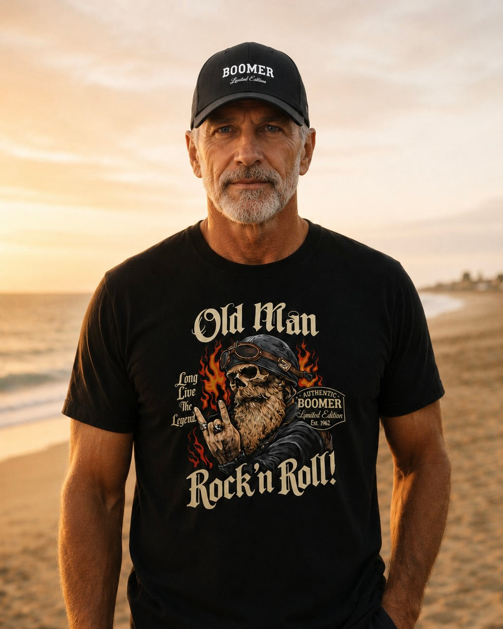 Spare 5 € gegenüber Einzelkauf. Unser Rock-Biker Shirt mit Boomer Kappe als Bundle